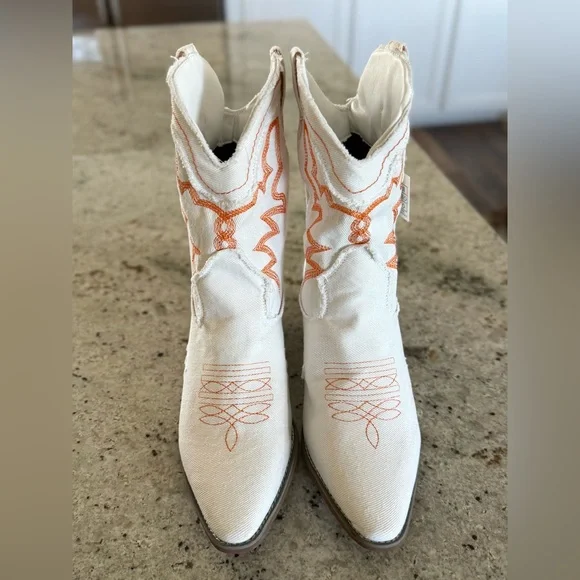 White Denim Western Heeled Boots with Orange Embroidery - Picture 2 of 12